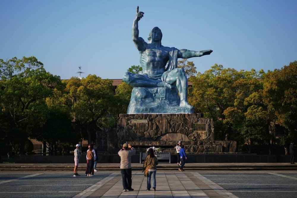 Nagasaki Peace Statue is seen at the Peace Park in Nagasaki, western Japan, April 25, 2025. (AP Photo/Eugene Hoshiko)