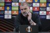 Tottenham coach Ange Postecoglou speaks at a press conference following the Europa League semifinal soccer match between Bodø/Glimt and Tottenham Hotspur at Aspmyra Stadium, Bodo, Norway, Thursday May 8, 2025. (Mats Torbergsen/NTB via AP)