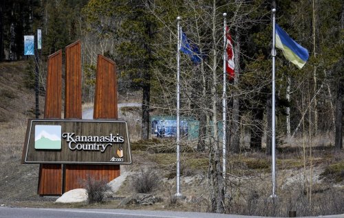 A sign marks the entrance to Kananaskis Country in Canmore, Alta., April 24, 2023. THE CANADIAN PRESS/Jeff McIntosh