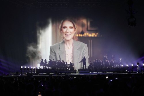 Former Eurovision Song Contest winner Celine Dion speaks in a pre-recorded video message during the first semi-final of the 69th Eurovision Song Contest, in Basel, Switzerland, Tuesday, May 13, 2025. (AP Photo/Martin Meissner)