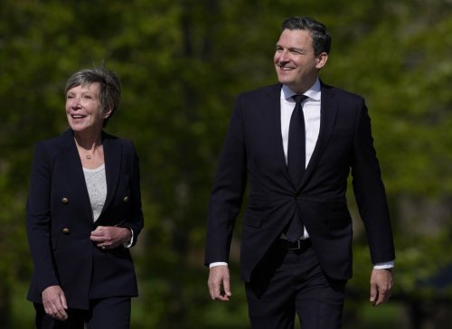 Eleanor Olszewski, left, and Evan Solomon arrive for the cabinet shuffle announcement at Rideau Hall in Ottawa on Tuesday, May 13, 2025. THE CANADIAN PRESS/Justin Tang
