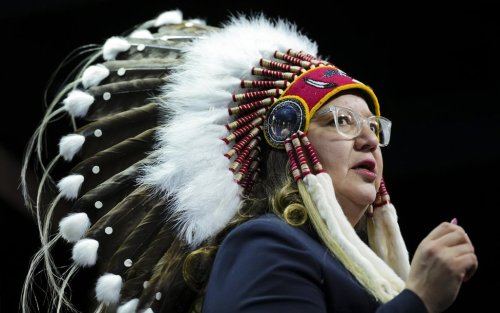 Assembly of First Nations (AFN) National Chief Cindy Woodhouse Nepinak speaks during a new conference on Parliament Hill in Ottawa on Wednesday, May 28, 2025. THE CANADIAN PRESS/Sean Kilpatrick