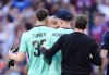 Manchester City manager Pep Guardiola addresses Crystal Palace goalkeeper Dean Henderson as teammate Matt Turner steps in following the FA Cup final between Manchester City and Crystal Palace at the Wembley Stadium in London, Saturday, May 17, 2025. (Nick Potts/PA via AP)