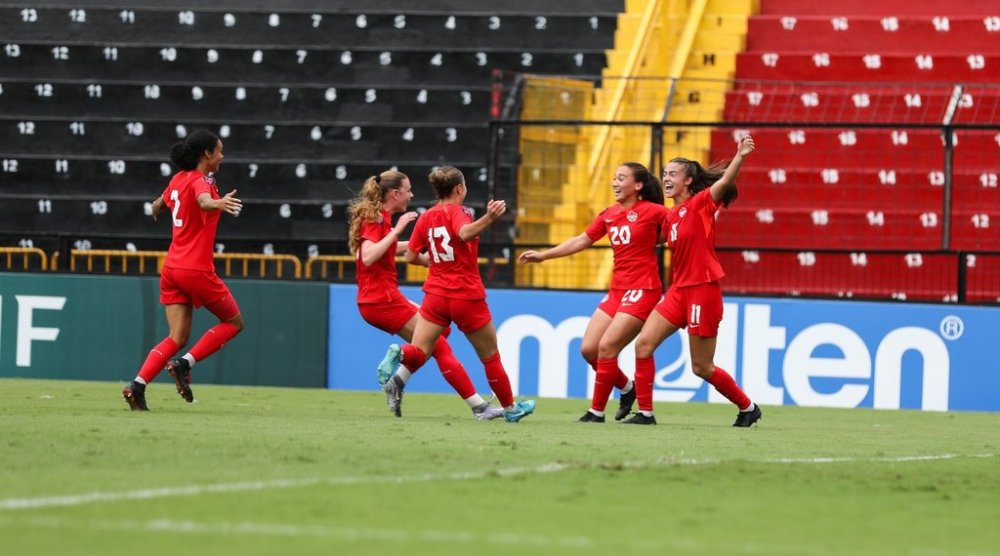 Canadian players celebrate a goal by Lea Larouche (11) in Canada's 1-0 win over U.S. in semifinal play at the CONCACAF Women's U-20 Championship in Alajuela, Costa Rica, in a Friday, June 6, 2025, handout photo. THE CANADIAN PRESS/HO-Canada Soccer, *MANDATORY CREDIT*