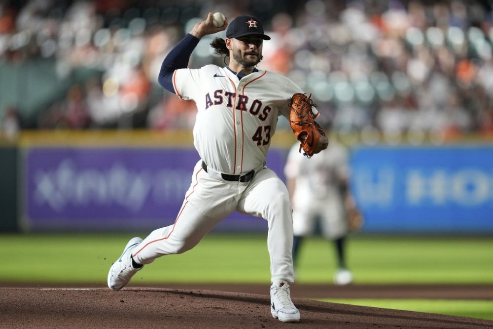 Houston Astros starting pitcher Lance McCullers Jr. (43) throws during the first inning of a baseball game against the Cincinnati Reds in Houston, Saturday, May 10, 2025. (AP Photo/Ashley Landis)