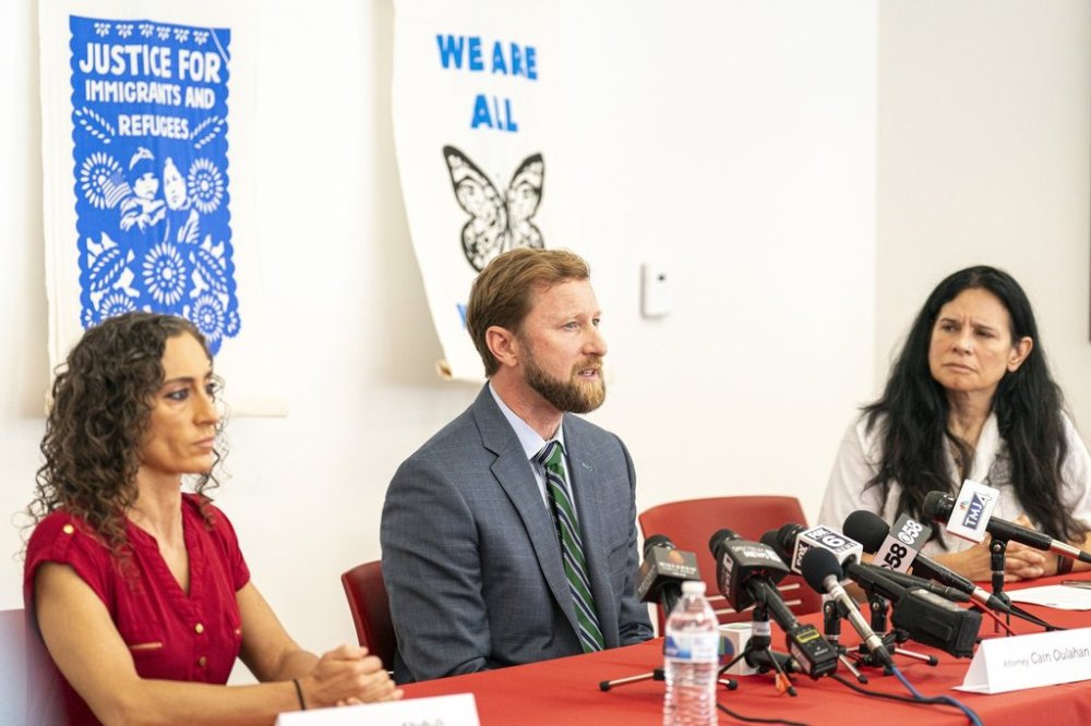 Cain Oulahan, Ramon Morales Reyes' immigration attorney addresses the media Friday, May 30, 2025 in Milwaukee about the detention of his client Ramon Morales Reyes. (AP Photo/Andy Manis)
