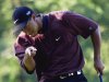 FILE - Tiger Woods points to his ball as it drops for birdie on the first hole of a three-hole playoff against Bob May at the PGA Championship, Sunday, Aug. 20, 2000, at the Valhalla Golf Club in Louisville, Ky. May mad par on the hole. (AP Photo/Chuck Burton, File)