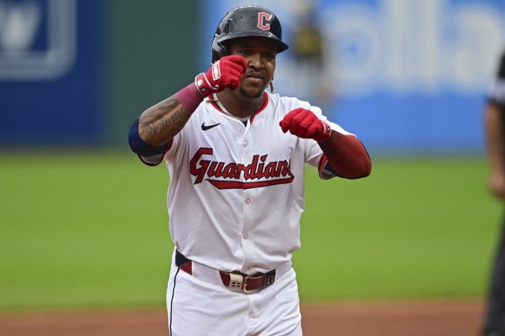 Cleveland Guardians' José Ramírez runs the bases after hitting a solo home run off Milwaukee Brewers pitcher Quinn Priester during the first inning of a baseball game, Tuesday May 13, 2025, in Cleveland. (AP Photo/David Dermer)