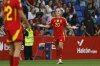 Spain's Claudia Pina celebrates after scoring her side's second goal during the women's Nations League soccer match between Spain and England at the RCD Espanyol Stadium, in Barcelona, Spain, Tuesday, June 3, 2025. (AP Photo/Joan Monfort)