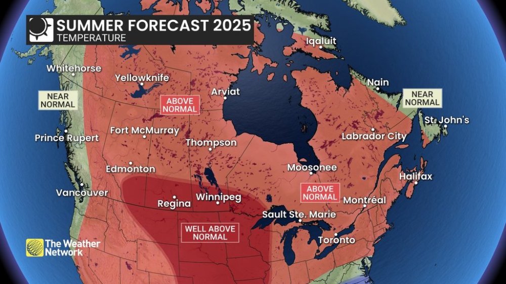 An illustration provided by The Weather Network shows the 2025 summer forecast.  THE CANADIAN PRESS/HO-The Weather Network
*MANDATORY CREDIT*