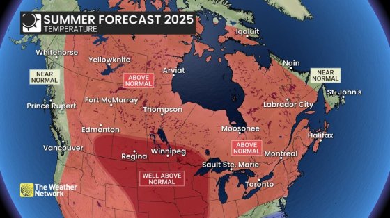 An illustration provided by The Weather Network shows the 2025 summer forecast. (The Weather Network / The Canadian Press)