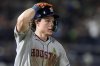 Houston Astros' Jake Meyers watches his solo home run off Tampa Bay Rays pitcher Manuel Rodríguez clear the fence during the seventh inning of a baseball game Monday, May 19, 2025, in Tampa, Fla. (AP Photo/Chris O'Meara)