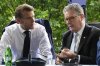 France's President Emmanuel Macron, left, and Britain's Prime Minister Keir Starmer speak during the Ukraine security meeting at the 6th European Political Community summit Friday May 16, 2025 in Tirana, Albania. (Leon Neal/Pool via AP)
