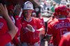 Los Angeles Angels' Logan O'Hoppe (14) celebrates a home run during the seventh inning of a baseball game against the Athletics in West Sacramento, Calif., Thursday, May 22, 2025. (AP Photo/Nic Coury)