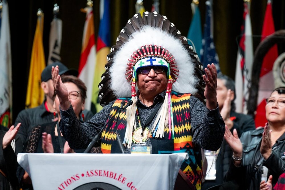 David Pratt delivers remarks after conceding to National Chief of the Assembly of First Nations-elect Cindy Woodhouse during the third day of the special chiefs assembly in Ottawa on Thursday, Dec. 7, 2023. THE CANADIAN PRESS/Spencer Colby