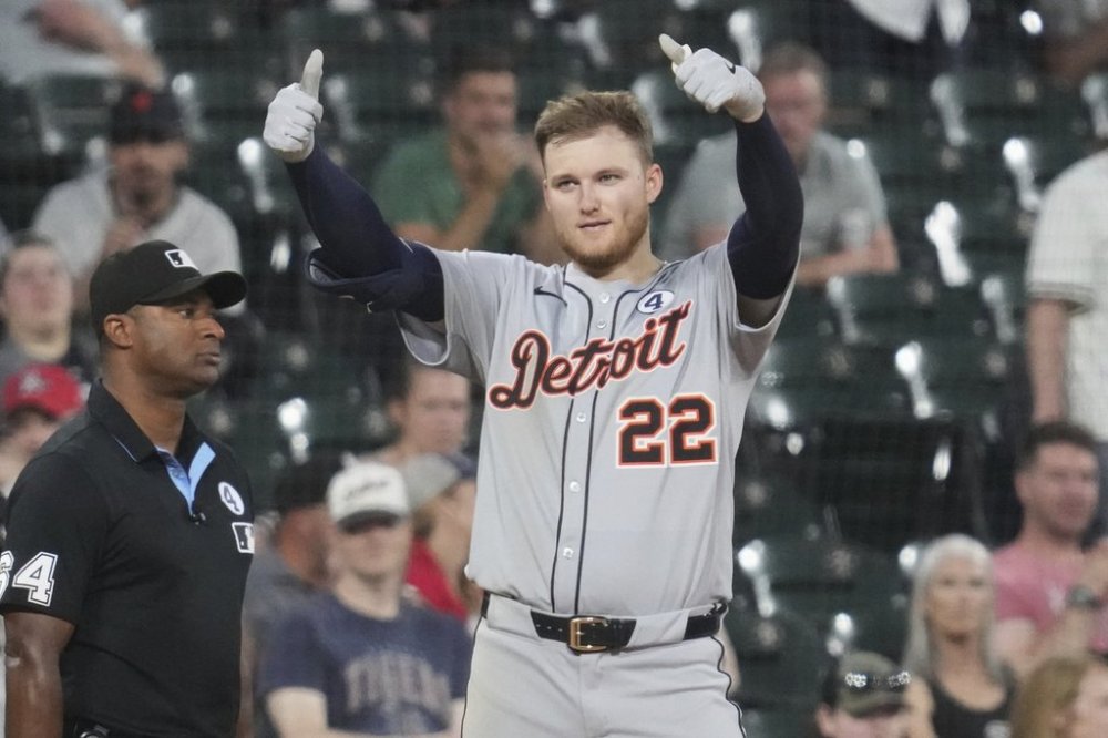 Detroit Tigers' Parker Meadows celebrates after hitting a triple during the sixth inning of a baseball game against the Chicago White Sox in Chicago, Monday, June 2, 2025. (AP Photo/Nam Y. Huh)
