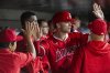 Los Angeles Angels' Logan O'Hoppe celebrates after scoring during the eighth inning of a baseball game against the Athletics in West Sacramento, Calif., Wednesday, May 21, 2025. (AP Photo/Nic Coury)