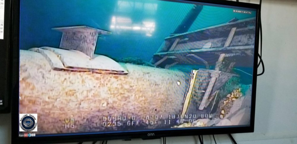FILE - In this photo shot from a television screen provided by the Michigan Department of Environment, Great Lakes, and Energy in June 2020, shows damage to anchor support EP-17-1 on the east leg of the Enbridge Line 5 pipeline within the Straits of Mackinac in Mich. (Michigan Department of Environment, Great Lakes, and Energy via AP, File)