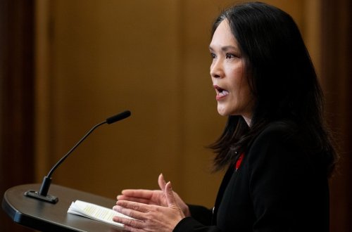 NDP MP Jenny Kwan delivers remarks in the Foyer of the House of Commons in Ottawa on Thursday, Nov. 7, 2024. THE CANADIAN PRESS/Spencer Colby
