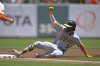 Athletics' Jacob Wilson slides into third base on a hit in the first inning of a baseball game against the San Francisco Giants in San Francisco, Sunday, May 18, 2025. (Jose Carlos Fajardo/Bay Area News Group via AP)