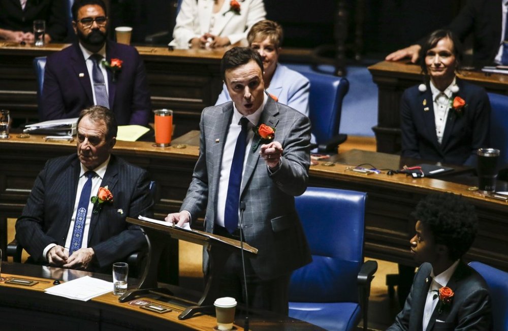 Manitoba Finance Minister Adrien Sala presents the provincial budget in the Manitoba Legislature in Winnipeg, Thursday, March 20, 2025. THE CANADIAN PRESS/John Woods