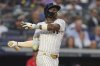 New York Yankees' Jazz Chisholm Jr. hits an RBI single during the second inning of a baseball game against the Boston Red Sox, Friday, June 6, 2025, in New York. (AP Photo/Frank Franklin II)