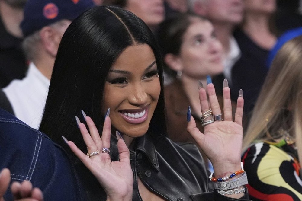 Cardi B poses during the second half of Game 4 in the Eastern Conference semifinals of the NBA basketball playoffs between the New York Knicks and the Boston Celtics Monday, May 12, 2025, in New York. (AP Photo/Frank Franklin II)