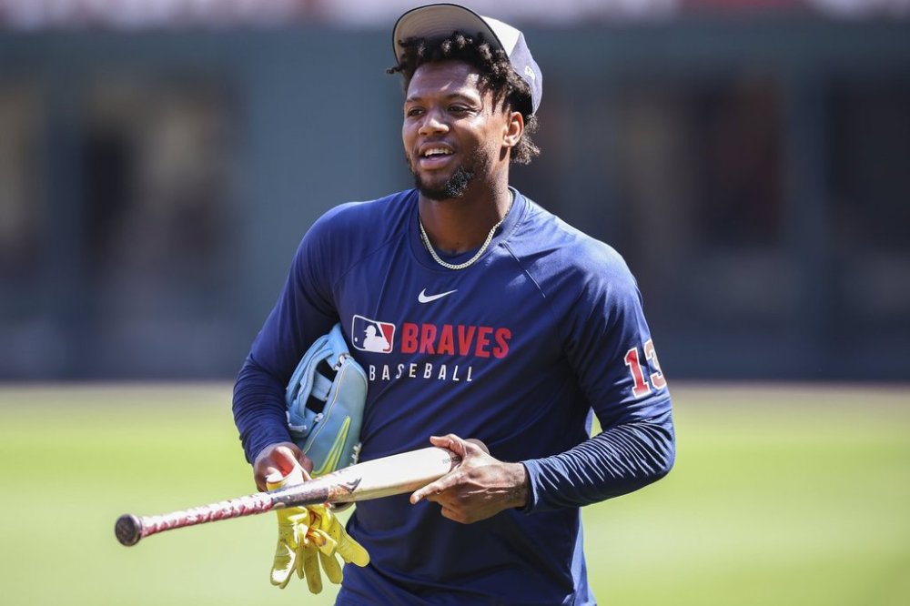 Atlanta Braves' Ronald Acuna Jr. prepares to hit during batting practice before a baseball game against the San Diego Padres, Friday, May 23, 2025, in Atlanta. (AP Photo/Colin Hubbard)