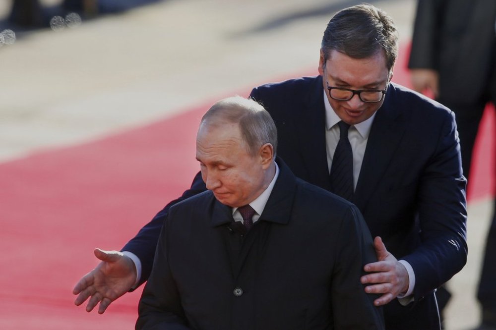 FILE - Serbian President Aleksandar Vucic, right, welcomes Russian President Vladimir Putin for the talks in Belgrade, Serbia, Thursday, Jan. 17, 2019. (AP Photo/Darko Vojinovic, File)