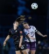 Vancouver Rise's Jessica De Filippo (11) and Halifax Tides' Gunnhildur Yrsa Jonsdottir (9) vie for the ball during the second half of an NSL soccer match, in Burnaby, B.C., on Monday, May 5, 2025. THE CANADIAN PRESS/Darryl Dyck