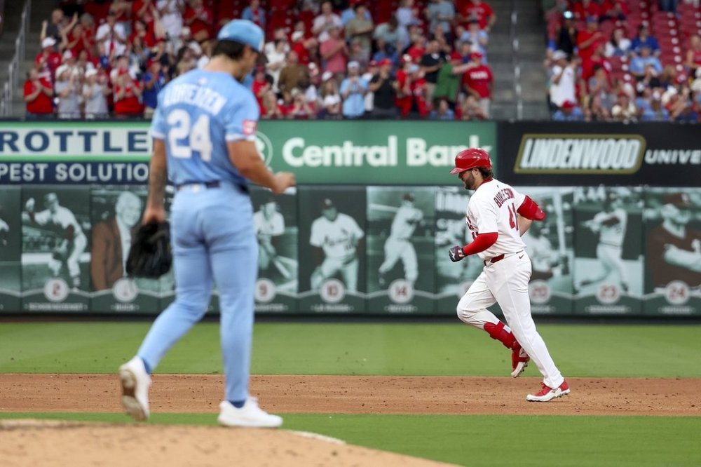 St. Louis Cardinals' Alec Burleson runs the bases after hitting a two-run home run off Kansas City Royals' Michael Lorenzen during the third inning of a baseball game Tuesday, June 3, 2025, in St. Louis. (AP Photo/Scott Kane)