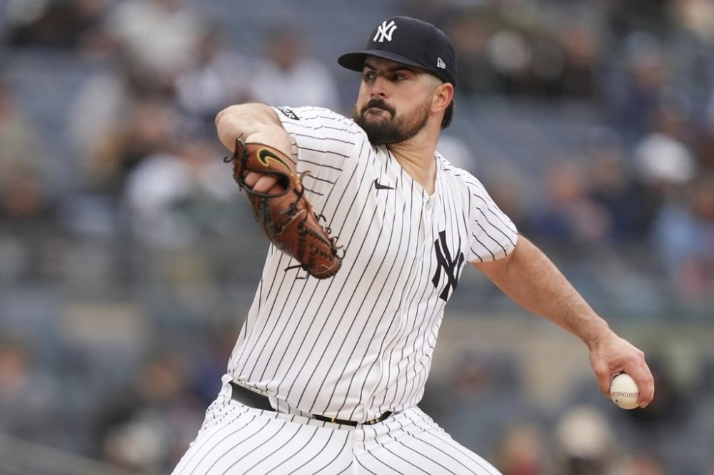 New York Yankees' Carlos Rodón pitches during the sixth inning of a baseball game against the Texas Rangers, Thursday, May 22, 2025, in New York. (AP Photo/Frank Franklin II)