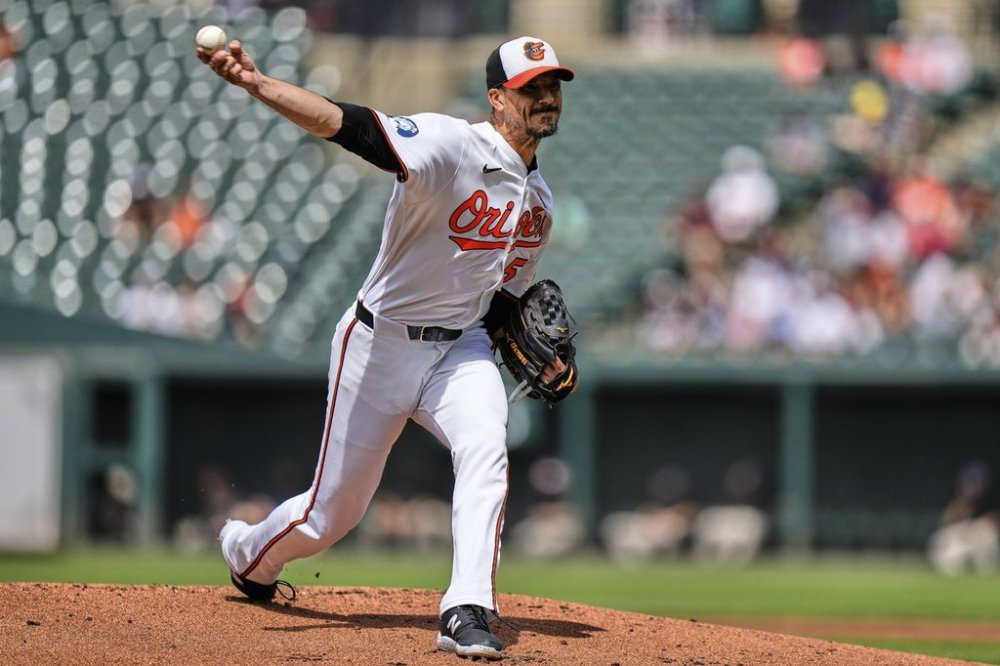 Baltimore Orioles starting pitcher Charlie Morton delivers during the first inning of a baseball game against the St. Louis Cardinals, Monday, May 26, 2025, in Baltimore. (AP Photo/Stephanie Scarbrough)