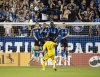 Columbus Crew's Yevhen Cheberko (21) takes a free kick over CF Montréal's Joel Waterman (16) and teammates Jalen Neal (2), Prince Osei Owusu (9) and Fabian Herbers (21) during first half MLS soccer action in Montreal on Wednesday, May 14, 2025. THE CANADIAN PRESS/Christopher Katsarov