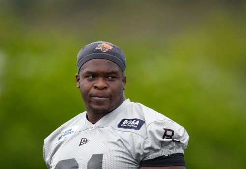 B.C. Lions offensive lineman Anu Una looks on during the CFL football team's training camp, in Kamloops, B.C., on Monday, May 12, 2025. THE CANADIAN PRESS/Darryl Dyck