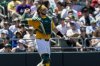 Athletics catcher Willie MacIver throws the ball to the pitcher during the fifth inning of a baseball game against the Philadelphia Phillies, Sunday, May 25, 2025, in West Sacramento, Calif. (AP Photo/Sara Nevis)