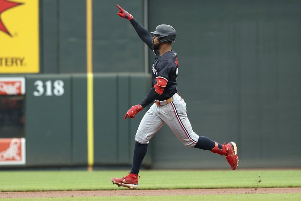Minnesota Twins' Byron Buxton celebrates after hitting a home run during the third inning of a baseball game against the Baltimore Orioles, Thursday, May 15, 2025, in Baltimore. (AP Photo/Daniel Kucin Jr.)