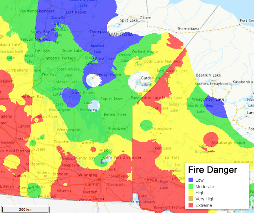 The Canadian Wildland Fire Information System rates fire danger as extreme for much of southern Manitoba on May 12. Fire danger is a relative index of how easy it is to ignite vegetation, how difficult a fire may be to control, and how much damage a fire may do. (Canadian Wildland Fire Information System)