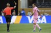 Inter Miami's Luis Suarez receives a yellow card during the Club World Cup round of 16 soccer match between PSG and Inter Miami in Atlanta, Sunday, June 29, 2025. (AP Photo/Brynn Anderson)