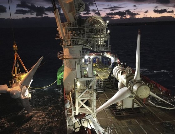 Tidal turbines at the MeyGen tidal site located in the Inner Sound of the Pentland Firth, a narrow channel of water between the Scottish mainland and Stroma Island. (Fraser Johnson/MeyGen, via The Associated Press files)