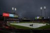 Dark storm clouds over Great American Ball Park during a weather delay before a baseball game between the Cincinnati Reds and the Minnesota Twins, Wednesday, June 18, 2025, in Cincinnati. (AP Photo/Carolyn Kaster)