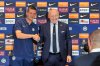 Inter Milan's new coach Cristian Chivu team president Giuseppe Marotta shake hands after Chivu's formal introduction at a soccer news conference in Los Angeles, Saturday, June 14, 2025. (AP Photo/Greg Beacham)