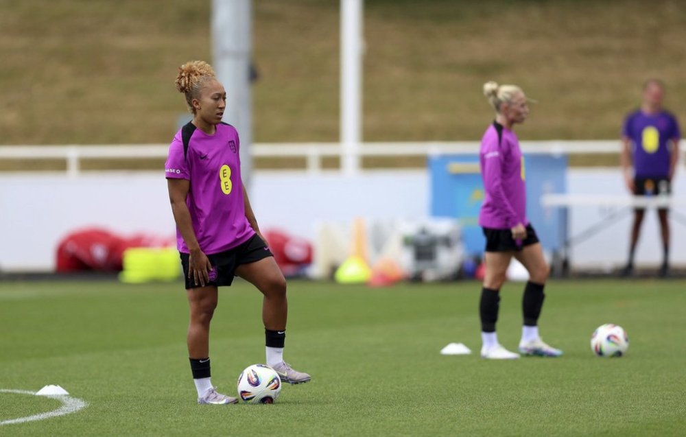 England's Lauren James takes part in a training session, at St. George's Park, Burton upon Trent, England, Saturday June 28, 2025. (Nigel French/PA via AP)