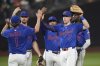 New York Mets' Jeff McNeil (1) and Brett Baty (7) celebrate with teammates after a baseball game against the Atlanta Braves Thursday, June 26, 2025, in New York. (AP Photo/Frank Franklin II)