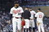 Minnesota Twins relief pitcher Jorge Alcala reacts after being taken out of the game during the eighth inning of baseball game against the Texas Rangers, Tuesday, June 10, 2025, in Minneapolis. (AP Photo/Matt Krohn)