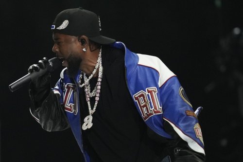 Kendrick Lamar performs during halftime of the NFL Super Bowl 59 football game between the Kansas City Chiefs and the Philadelphia Eagles, Sunday, Feb. 9, 2025, in New Orleans. (AP Photo/Ashley Landis)