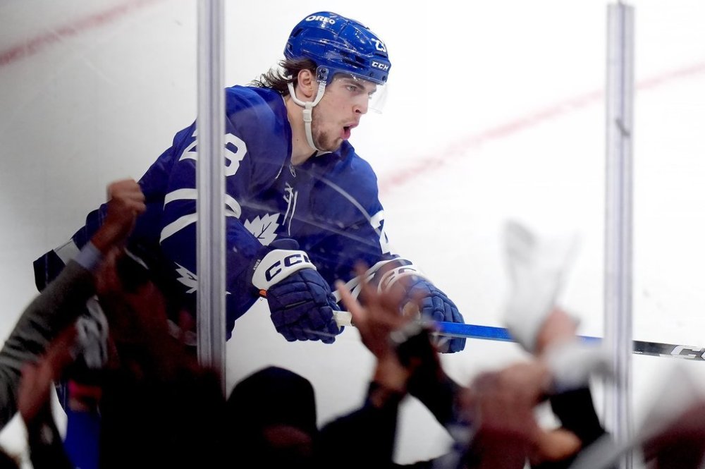 Toronto Maple Leafs forward Matthew Knies (23) celebrates his goal against the Florida Panthers during third period, round two, game one NHL Stanley Cup playoff hockey action in Toronto on Monday, May 5, 2025. THE CANADIAN PRESS/Frank Gunn
