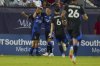 San Jose Earthquakes forward Josef Martínez, left, celebrates with teammates after scoring a goal against the FC Dallas during the second half of an MLS soccer match Wednesday, June 25, 2025, in Frisco, Texas. (AP Photo/Julio Cortez)