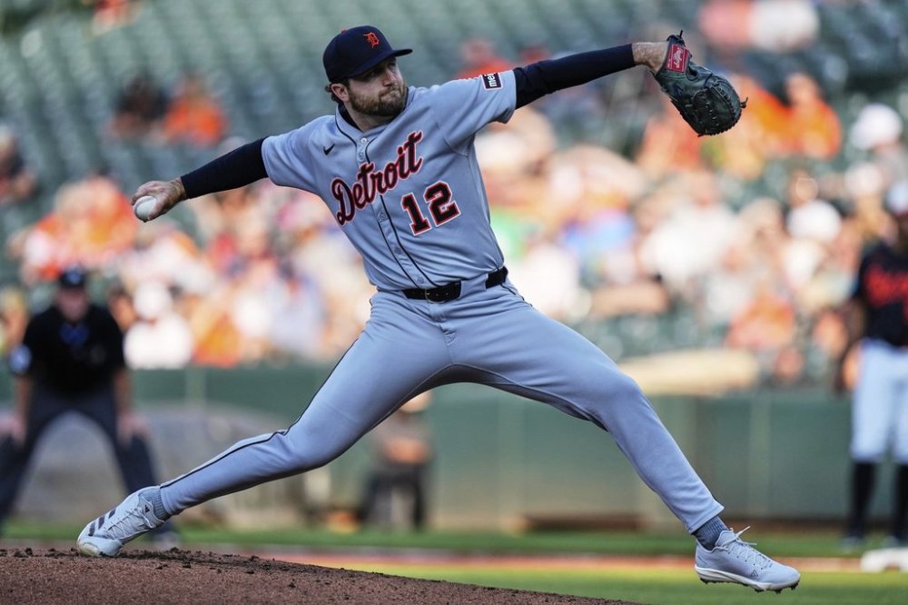 Detroit Tigers starting pitcher Casey Mize (12) delivers during the first inning of a baseball game Baltimore Orioles, Wednesday, June 11, 2025, in Baltimore. (AP Photo/Stephanie Scarbrough)