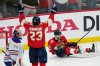 Florida Panthers' Sam Reinhart (13) celebrates his goal against Edmonton Oilers goalie Stuart Skinner (74) as Panthers' Carter Verhaeghe (23) reacts during the first period in Game 6 of the Stanley Cup final in Sunrise, Fla., on Tuesday, June 17, 2025. THE CANADIAN PRESS/Nathan Denette